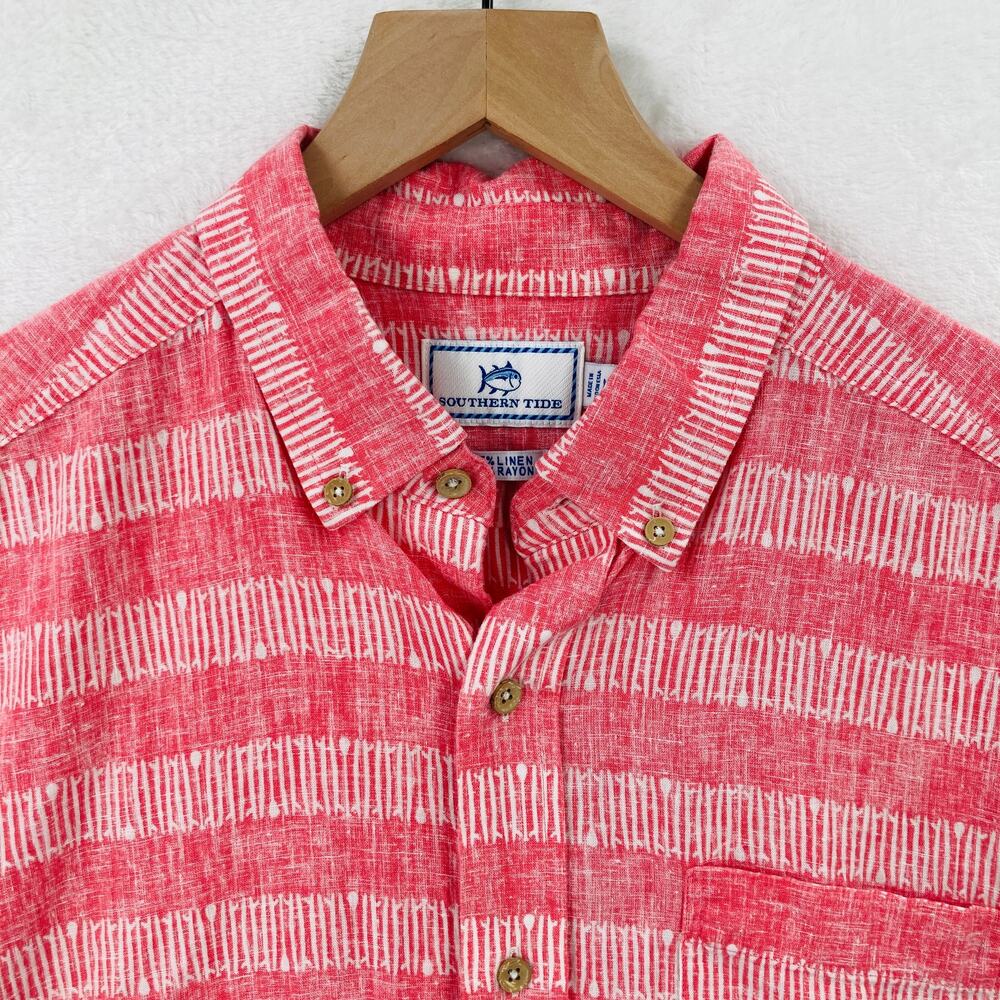 Southern Tide Shirt Mens Medium Pink Linen Blend Surf Oar Pattern Short Sleeve